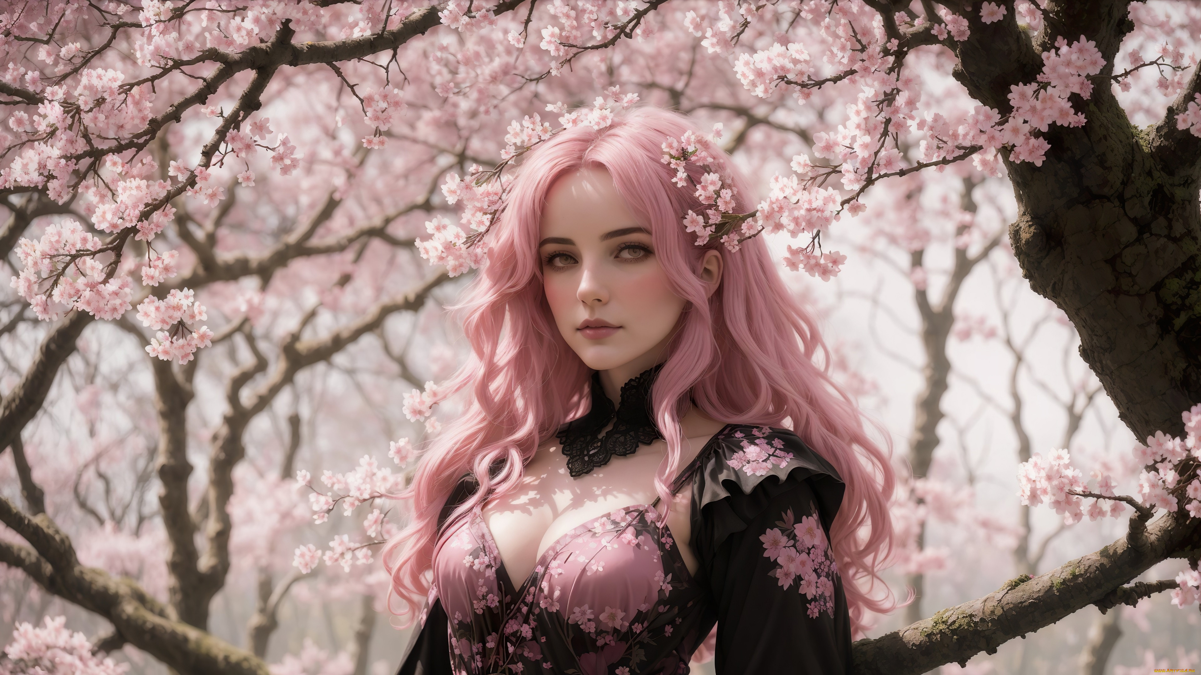 , 3 ,  , people, girl, fantasy, sakura, pink, hair, dress, nature, art